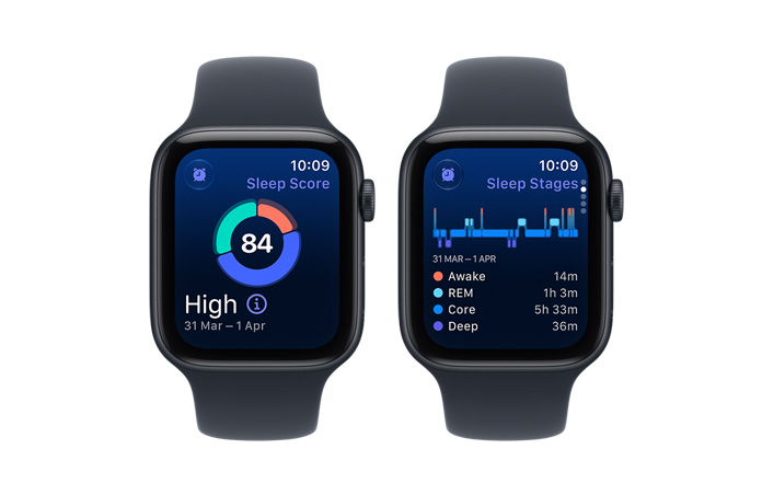Apple Watch SE 3 devices, aluminium case, midnight colour, screens show sleep score, sleep stages, right side exterior, Digital Crown dials, Sport Bands, navy blue colour