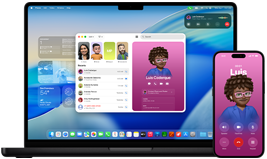 MacBook Pro и iPhone 16 Plus, приложението Телефон е отворено, един и същи контакт е показан и на двата екрана
