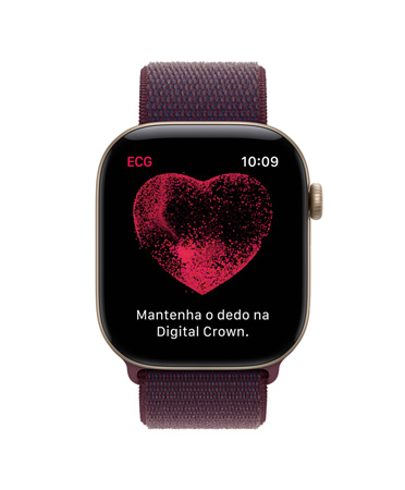 Apple Watch Series 12 com caixa dourada-clara de alumínio, app ECG, instruções na tela para manter o dedo na Digital Crown para iniciar a leitura do ECG, coração vermelho no meio da tela, pulseira loop esportiva bordô