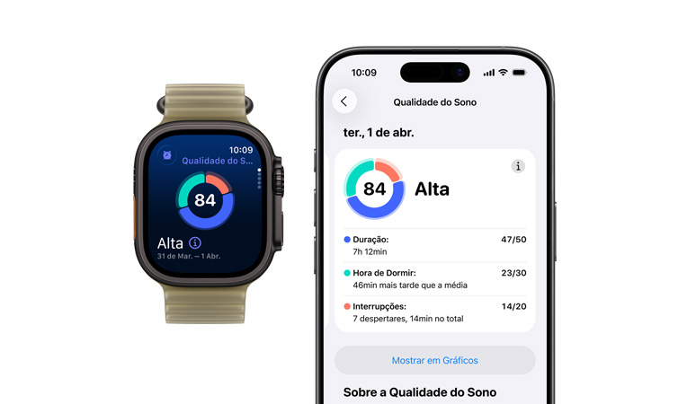 Apple Watch Ultra 4 com caixa preta de titânio, gráfico circular e pontuação de qualidade do sono, pulseira Oceano alga-translúcida (verde-amarronzado-clara), análise completa do sono aberta no iPhone emparelhado