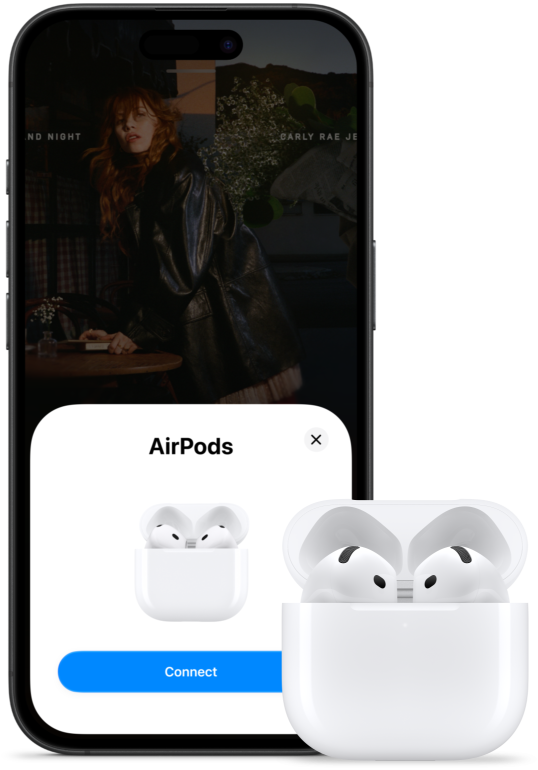 An open charging case with AirPods 5 inside, next to an iPhone showing that AirPods 5 have been connected.
