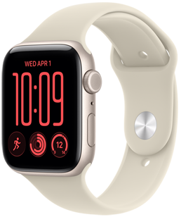 Apple Watch SE 3, aluminum case, starlight colour, right side exterior, Digital Crown dial, microphone, side button, connected to Sport Band, sand colour (pale tan), pin-and-tuck closure (silver pin)
