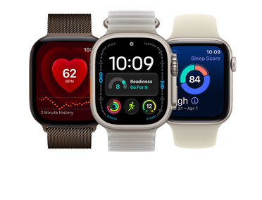 Three Apple Watch devices: Apple Watch Series 11, rose gold colour, aluminum case, Apple Music, playlist controls, right side exterior, Digital Crown, light blush colour Sport Band, silver pin-and-tuck closure, Apple Watch Ultra 3, natural colour, titanium case, edge-to-edge display, photo overlaid on time, right side exterior, Digital Crown, anchor blue colour Ocean Band, tubular fluoroelastomer rubber, Apple Watch SE 3, aluminum case, midnight colour, right side exterior, Digital Crown, advanced Outdoor Run workout metrics