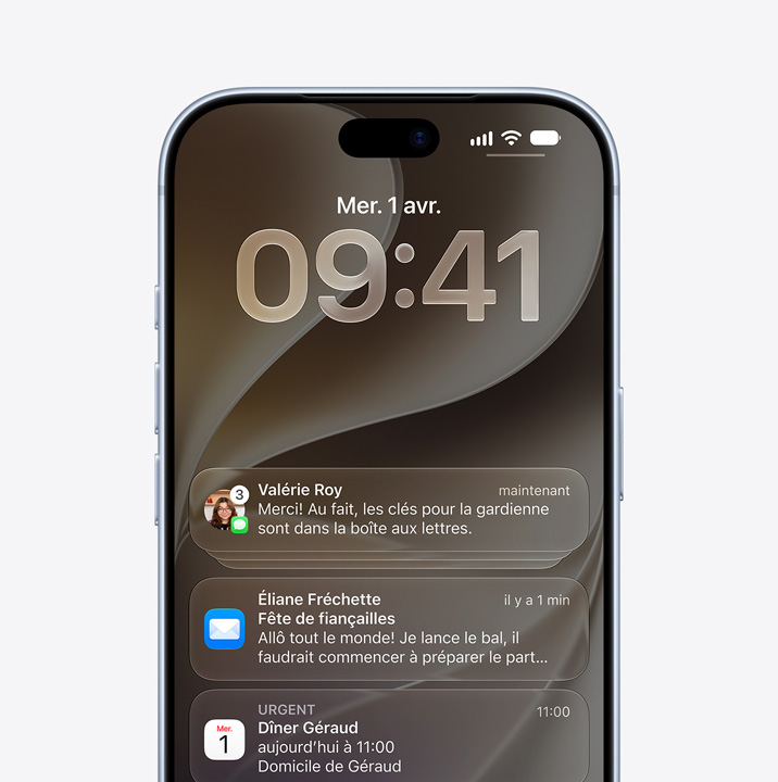 iPhone 18 Pro, face avant, notifications des apps Messages, Mail et Calendrier sur l’écran verrouillé