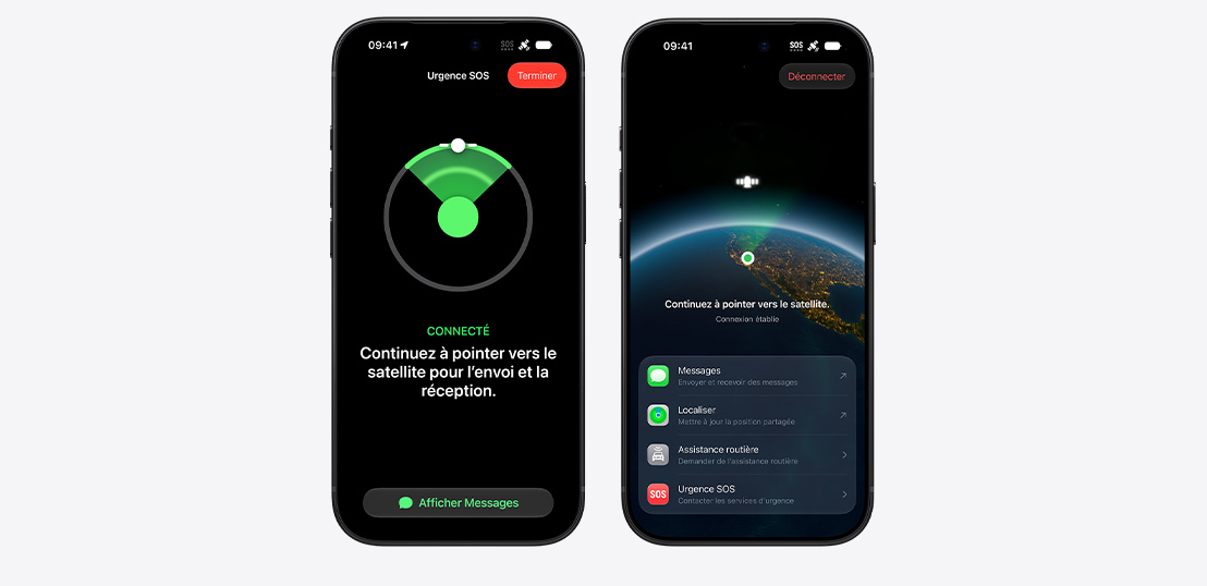 Écrans d’iPhone montrant Urgence SOS et Messages par satellite en cours d’utilisation