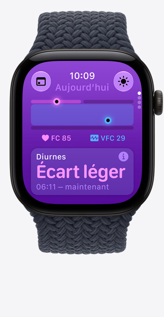 Apple Watch Series 12, boîtier en aluminium, couleur noir, app Signes vitaux, tableau des données de santé, fréquence cardiaque actuelle avec battements par minute, signes vitaux diurnes légèrement inhabituels, bracelet solo tressé, couleur bleu marine