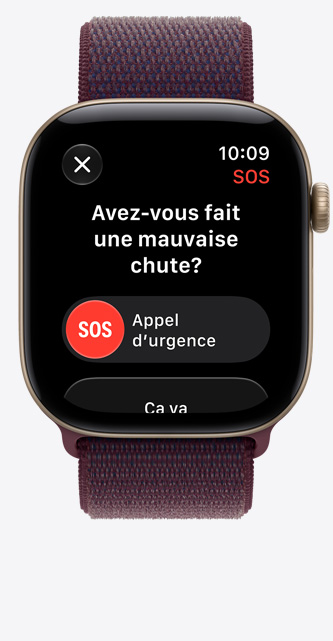 Apple Watch Series 12, boîtier en aluminium, couleur or clair, notification de mauvaise chute, option d’appel d’urgence, bracelet sport à rabat, couleur bourgogne