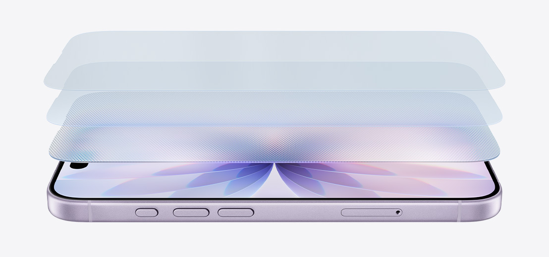 Vista en ángulo lateral de un iPhone 17 color lavanda en horizontal, con un diseño que muestra las capas de Ceramic Shield 2