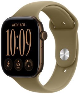 Apple Watch Series 12, pouzdro z tmavě bronzového hliníku, ciferník Modulární, komplikace: den a datum, Cvičení, tepová frekvence, připravenost, na pravém boku korunka Digital Crown, boční tlačítko, olivový sportovní řemínek