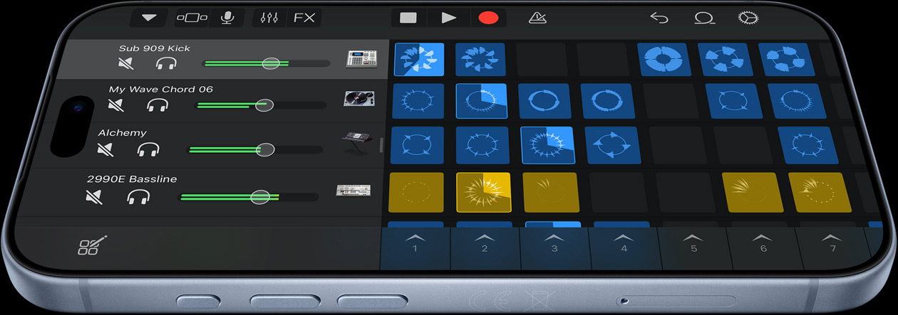 Ein iPhone 18 Pro in Polar zeigt die Benutzeroberfläche der Logic Pro App für Musikproduktion