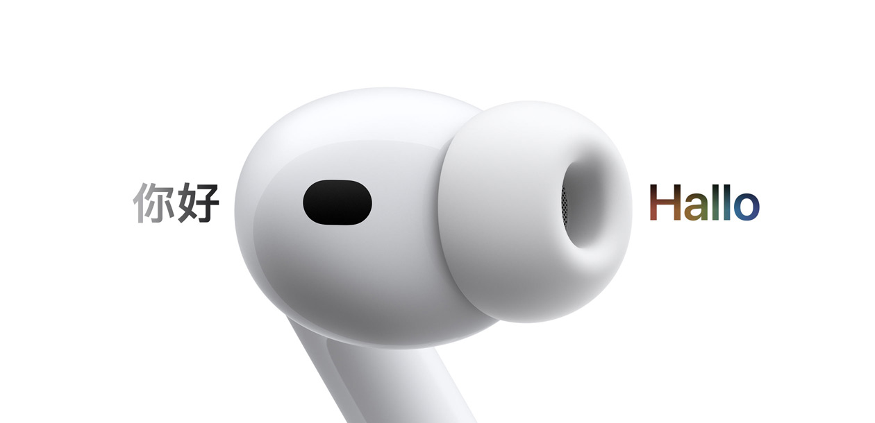 AirPods Pro 3, In‑Ear Kopfhörer mit Ohreinsatz aus Silikon, Live Übersetzung ändert Zeichen von Spanisch «Hola» zu Deutsch «Hallo»