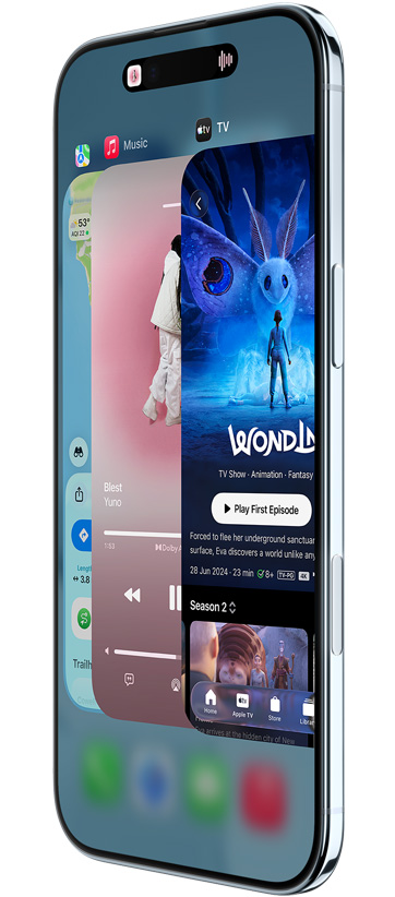 iPhone Air, Vorderseite, Seite, mit den Apps Karten, Musik und Apple TV, das App-Umschalter Feature wird verwendet