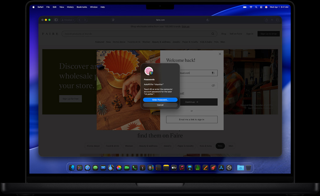 Tähtimustan MacBook Pron näytöllä Salasanat-appi kehottaa käyttäjää kirjautumaan Safarissa verkkosivustolle käyttäen Touch ID:tä