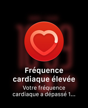 Notification de fréquence cardiaque élevée, icône représentant un cœur blanc sur un cercle rouge