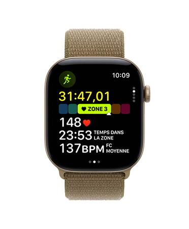 Apple Watch Series 11, boîtier en aluminium, couleur noir de jais poli, exercice Course en extérieur activé, fréquence cardiaque en zone 3, côté droit, Digital Crown, Bracelet Sport noir