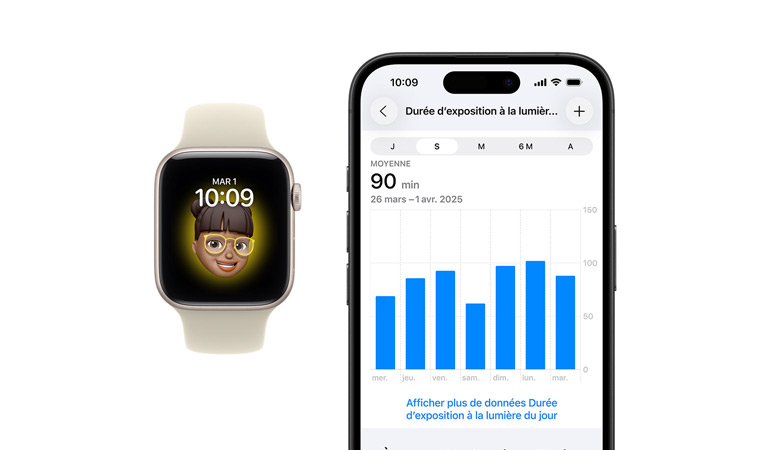 Apple Watch SE 3, boîtier en aluminium, couleur lumière stellaire, cadran Memoji, iPhone, onglet Partage de Santé avec durée d’exposition à la lumière du jour