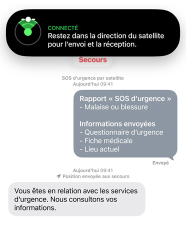 Fonctionnalité SOS d’urgence par satellite en cours d’utilisation pour contacter les secours et obtenir de l’aide pour une personne malade ou blessée