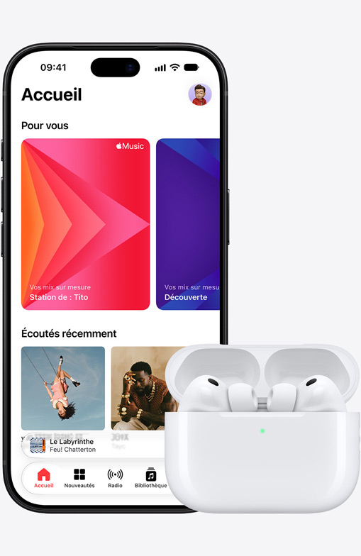 iPhone 18 Pro, front exterior, Apple Music homescreen displayed on screen, next to Airpods Pro 3 in open MagSafe Charging Case