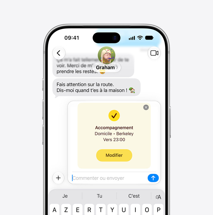 iPhone screen showing Messages thread with Check In feature in use