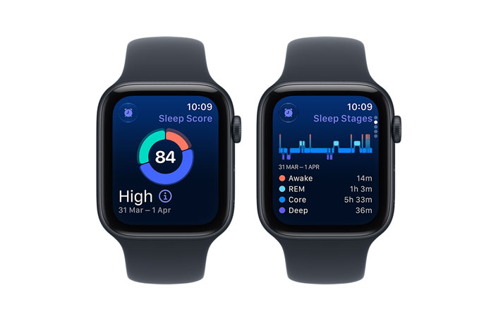 Apple Watch SE 3 devices, aluminium cases, midnight colour, screens show sleep score, sleep stages, right side exterior, Digital Crown dials, Sport Bands, navy blue colour