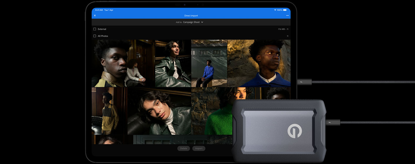 iPad Pro, front exterior, landscape orientation, space black colour, connected with a cable to a USB-C external hard drive, display showing photos of models being imported to a folder called 'Campaign Shoot'