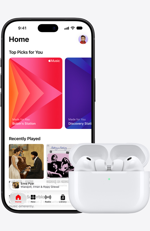 iPhone 18 Pro, front exterior, Apple Music homescreen displayed on screen, next to Airpods Pro 3 in open MagSafe Charging Case