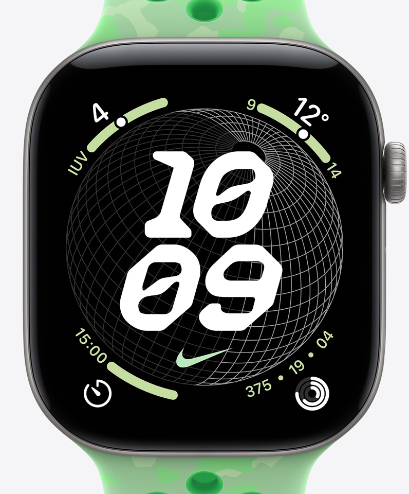 Quadrante Nike Globe, orario, logo Nike, complicazioni: indice UV, meteo, timer, anelli Attività