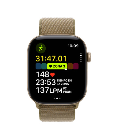 Apple Watch Series 12, caja de aluminio, color oro claro, entrenamiento Carrera al Aire Libre abierto, frecuencia cardiaca en la Zona de Frecuencia Cardiaca 3, correa loop deportiva, color oliva (café verdoso)