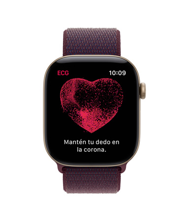 Apple Watch Series 12, caja de aluminio, color oro claro, app ECG, instrucción en pantalla de mantener el dedo en la Digital Crown para iniciar la lectura de electrocardiograma, corazón rojo en el medio de la pantalla, correa loop deportiva, color borgoña