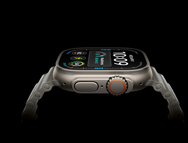Apple Watch Ultra 4, side view, titanium case, silver color, digital time display, health and fitness metrics, orange Digital Crown side button