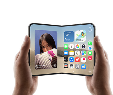 Two hands hold an open iPhone Duo, left screen displays a photo of a woman, right screen shows a home screen with various app icons, including Messages, Photos, Camera, and App Store