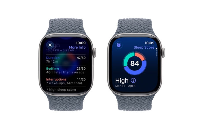 Apple Watch Series 11, astropelēka krāsa, alumīnija ietvars, miega rādītāju paziņojums, labais sāns, Digital Crown, Braided Solo Loop, tērauda zila krāsa