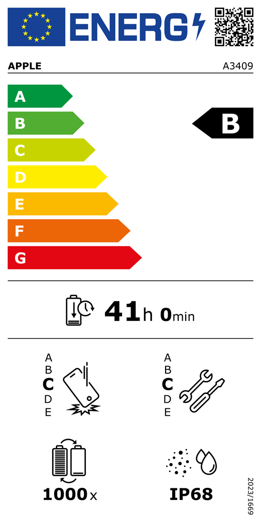 ES energomarķējuma QR kods un informācija, Apple modelis A3409, B klase, energoefektivitātes klases (sistēmā no A līdz G), no A (visefektīvākā) līdz G (visneefektīvākā), akumulatora izturība vienā ciklā, 41 stunda un 0 minūtes ar pilnībā uzlādētu akumulatoru, vairākkārtējas kritienizturības klase: C, no A (visizturīgākā) līdz E (visneizturīgākā), remontējamības klase: C, no A (visremontējamākā) līdz E (visneremontējamakā), akumulatora cikliskā izturība: 1000, korpusa aizsargātības pret putekļiem un ūdeni pakāpe (IP) IP68, Regula 2023/1669