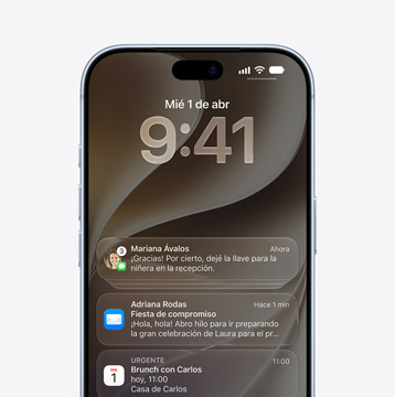 iPhone 18 Pro, parte frontal, notificaciones de las apps Mensajes, Mail y Calendario en la pantalla bloqueada
