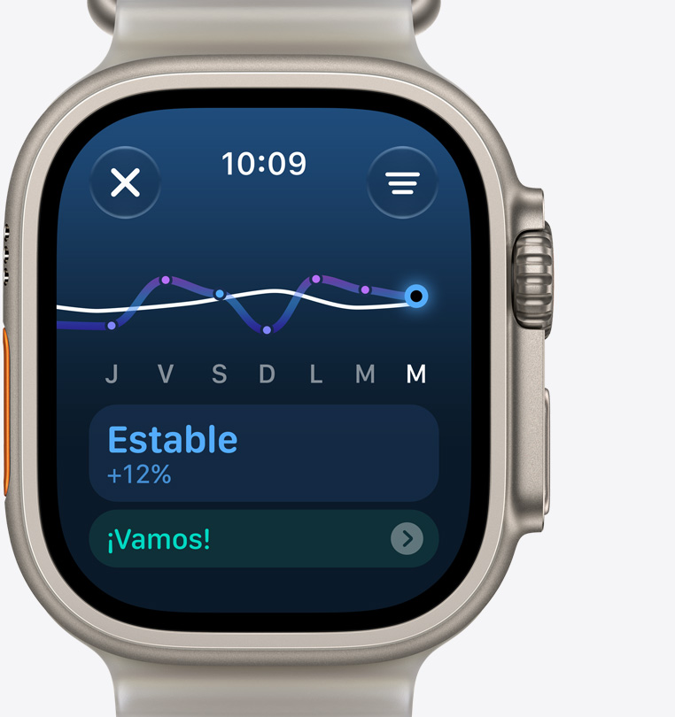Apple Watch Ultra 4, caja de titanio, color natural, pantalla de Carga de Entrenamiento que indica un aumento constante del nivel de entrenamiento