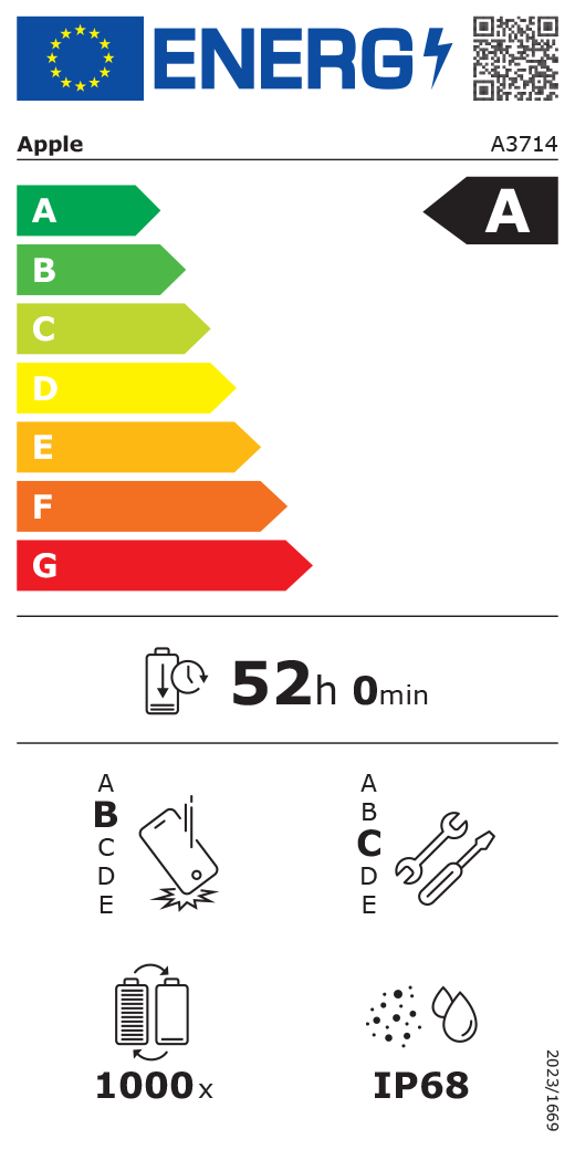 Etykieta energetyczna UE, kod QR i informacje, model Apple A3714, klasa A, klasy efektywności energetycznej (w skali od A do G), od A (najwyższa efektywność) do G (najniższa efektywność), trwałość baterii na cykl, 52 godziny i 0 minut na pełne naładowanie baterii, wytrzymałość na spadki swobodne wielokrotne klasy B, od A (największa solidność) do E (najmniejsza solidność), możliwość naprawy klasy C, od A (największa możliwość naprawy) do E (najmniejsza możliwość naprawy), trwałość baterii w cyklach 1000, ochrona przed wnikaniem pyłu i wody (IP) klasy IP68, rozporządzenie 2023/1669
