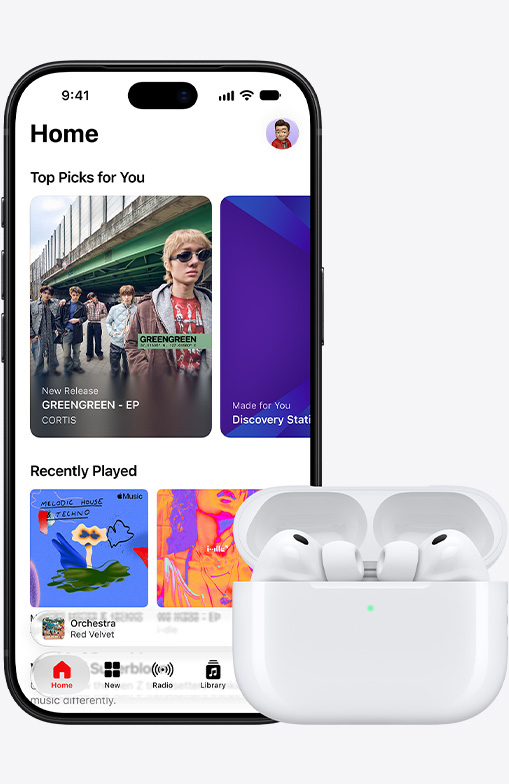 iPhone 18 Pro, front exterior, Apple Music homescreen displayed on screen, next to Airpods Pro 3 in open MagSafe Charging Case