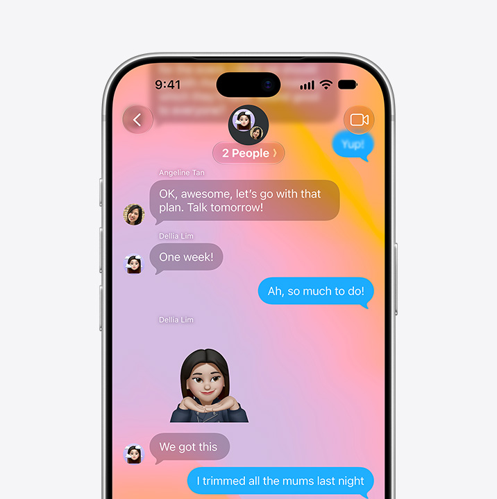 iPhone screen open to Messages app. Screen shows text conversation between two people that includes a Memoji.