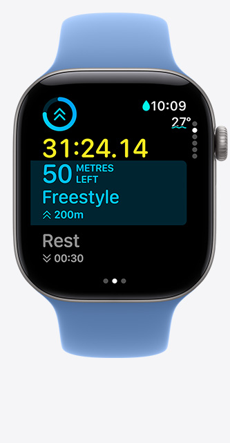 Apple Watch Series 12, aluminium case, space grey colour, Workout screen tracks Pool Swim, metrics onscreen, Sport Band, wildflower blue colour