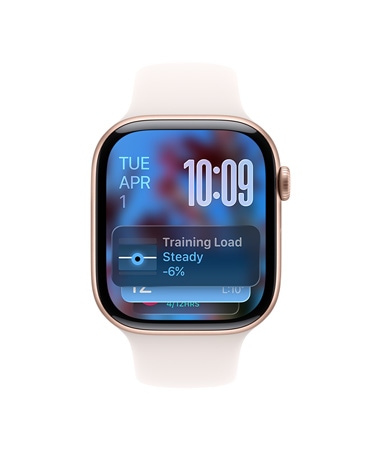 Apple Watch Series 11, rose gold color, aluminum case, Smart Stack hint, light blush Sport Band