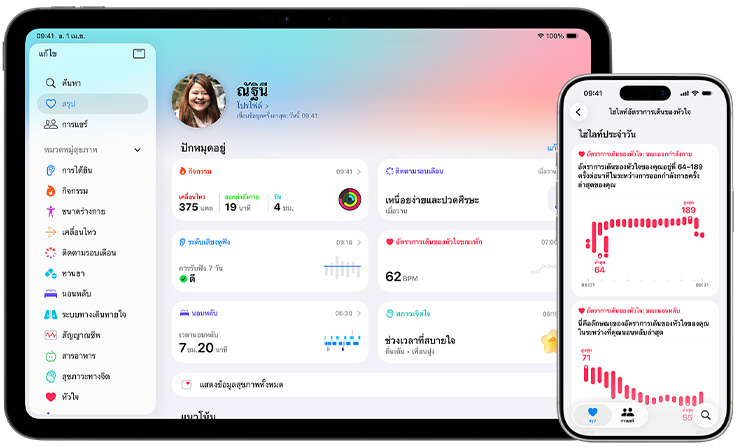 Health app with summary of health information including activity, cycle tracking, headphone audio levels, resting heart rate, sleep, state of mind