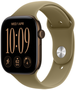 Apple Watch Series 12, aluminium case, dark bronze colour, Modular watch face, complications: day and date, Workouts, heart rate, readiness, right side exterior, Digital Crown, side button, Sport Band, olive colour