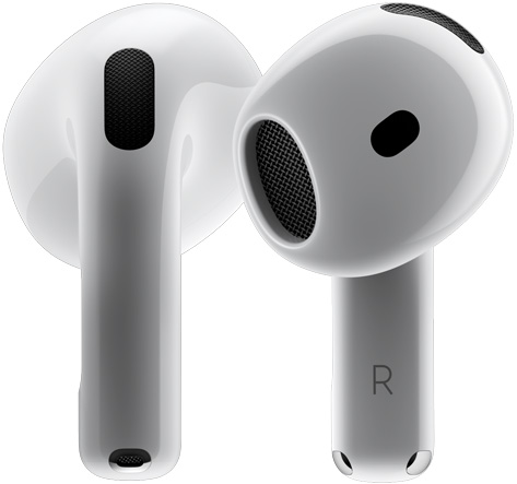 „AirPods 4“ ausinės sukasi viena aplink kitą ir sustoja, pasisukusios skirtingais kampais.