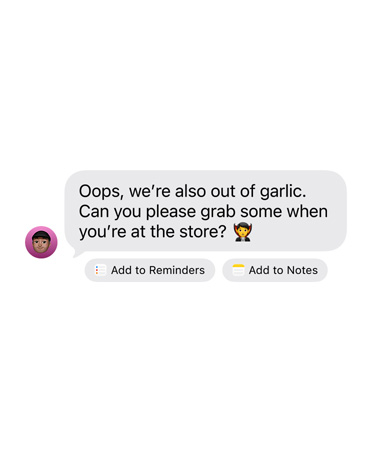 Mensagem do iMessage recebida com dois botões de ação sugeridos: Adicionar aos Lembretes e Adicionar às Notas