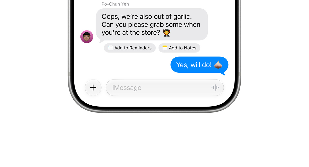 O app Mensagens mostra opções para criar um lembrete ou uma nota