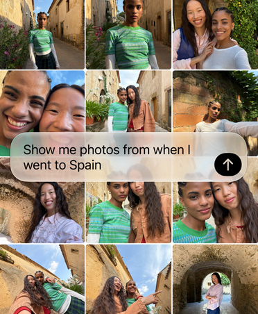 Collage of photos from a trip, featuring multiple individuals in various settings. Overlay text reads: Show me photos from the last time I went to Spain.