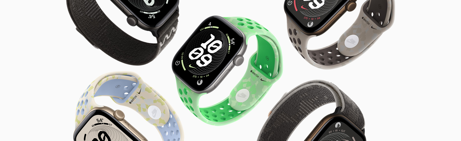 Apple Watch devices, varying Nike bands and Nike watch faces