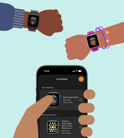 Apple Watch for Your Kids, cartoon illustration of kids' wrists wearing Apple Watch SE 3 paired to iPhone in parent's hand