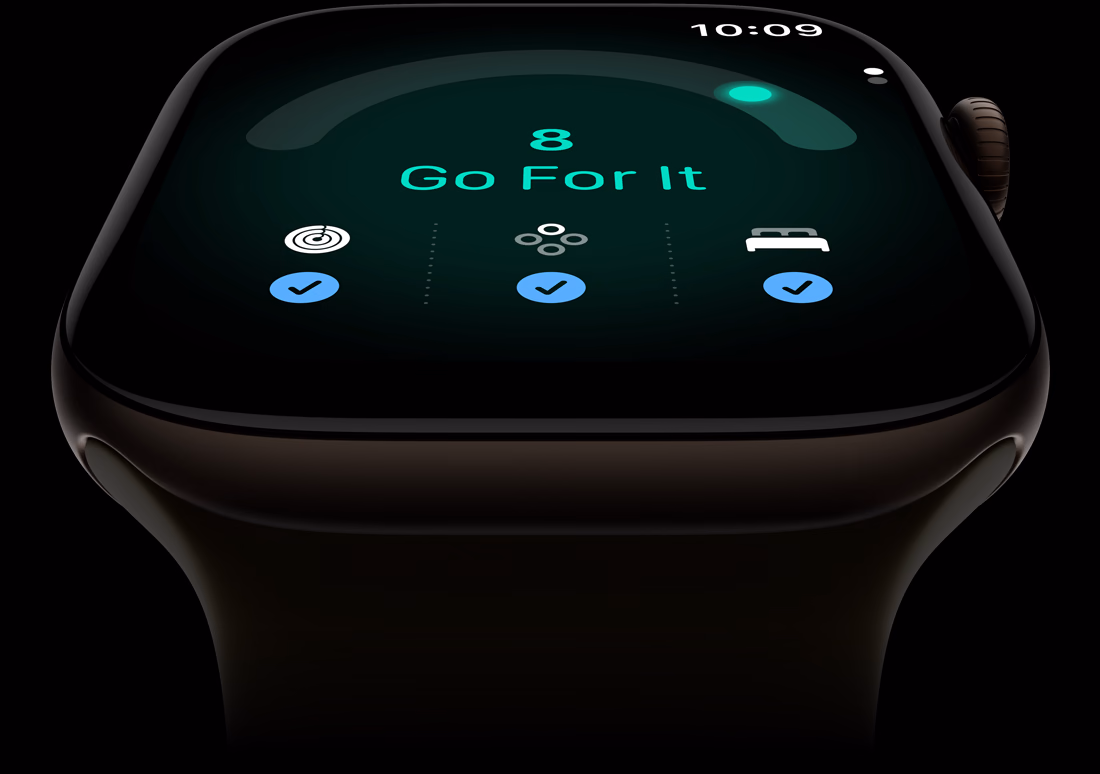 Apple Watch Series 12, aluminum case, dark bronze color, readiness score of 8, right side exterior, Digital Crown, Sport Band, olive color