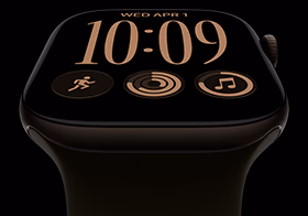 Apple Watch Series 12, aluminum case, dark bronze color, Modular watch face, complications: day and date, Workouts, Activity rings, Apple Music, right side exterior, Digital Crown, Sport Band, olive color